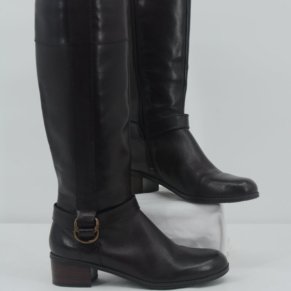 Bandolino Codi Leather Tall Riding Boots 8M Dark Brown Side Zip Block Heel